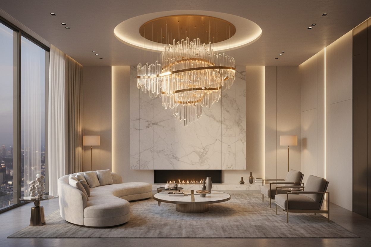 Modern luxury living room with dramatic chandelier